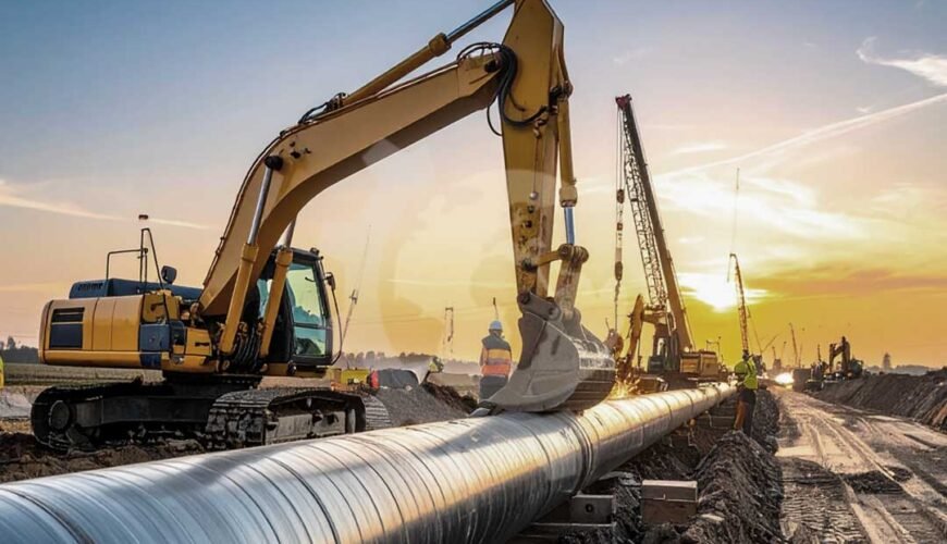 Heavy equipment operator using excavator and sideboom during pipeline construction on industrial site