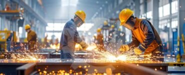 Engineers and technicians working on industrial fabrication projects in a modern oil and gas workshop