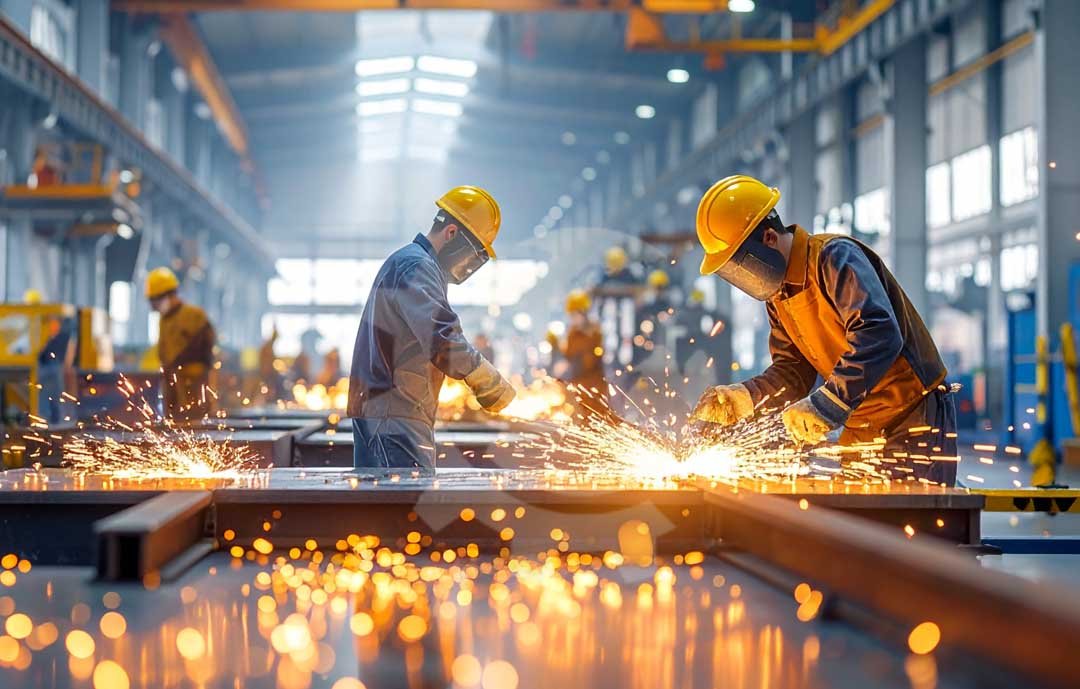 Engineers and technicians working on industrial fabrication projects in a modern oil and gas workshop.