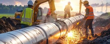 Pipeline construction site with workers installing large pipelines for the oil and gas industry